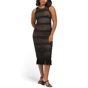 NWT London Times Cotton Crochet Fringe Hem Jewel Neck Sleeveless Midi Dress